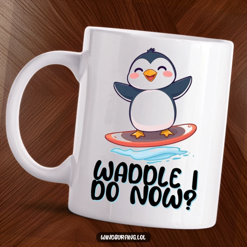 Funny penguin windsurfing mug featuring a gleeful penguin expertly balancing on a board, ready to catch the next big wave.