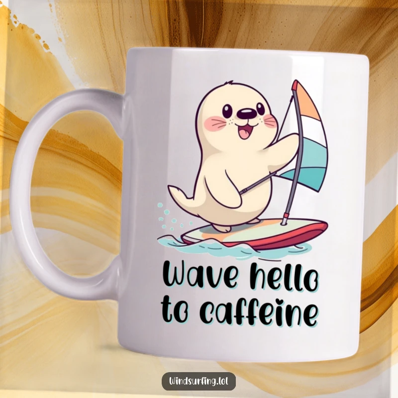 Funny seal struggling hilariously to balance on a windsurfing board, with waves splashing, perfect for a funny gift mug.