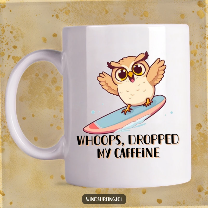 Funny owl mug depicting a surprised owl tumbling off a windsurf board, mid-fall, conveying a chaotic and humorous moment.