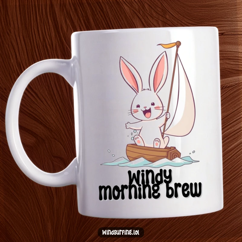 Funny Bunny Mug with a joyful bunny hilariously struggling to manage a large sail. A humorous gift for overcoming big tasks.