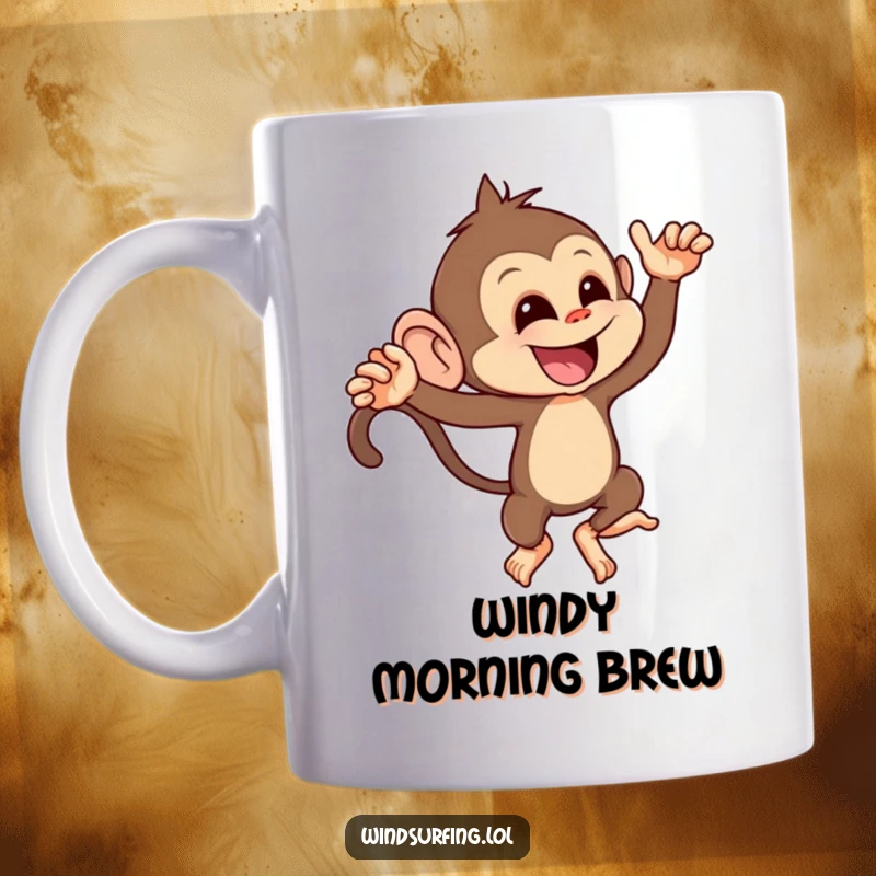 Funny mug showing a mischievous monkey leaning playfully into a strong gust of wind, with a cheeky expression.