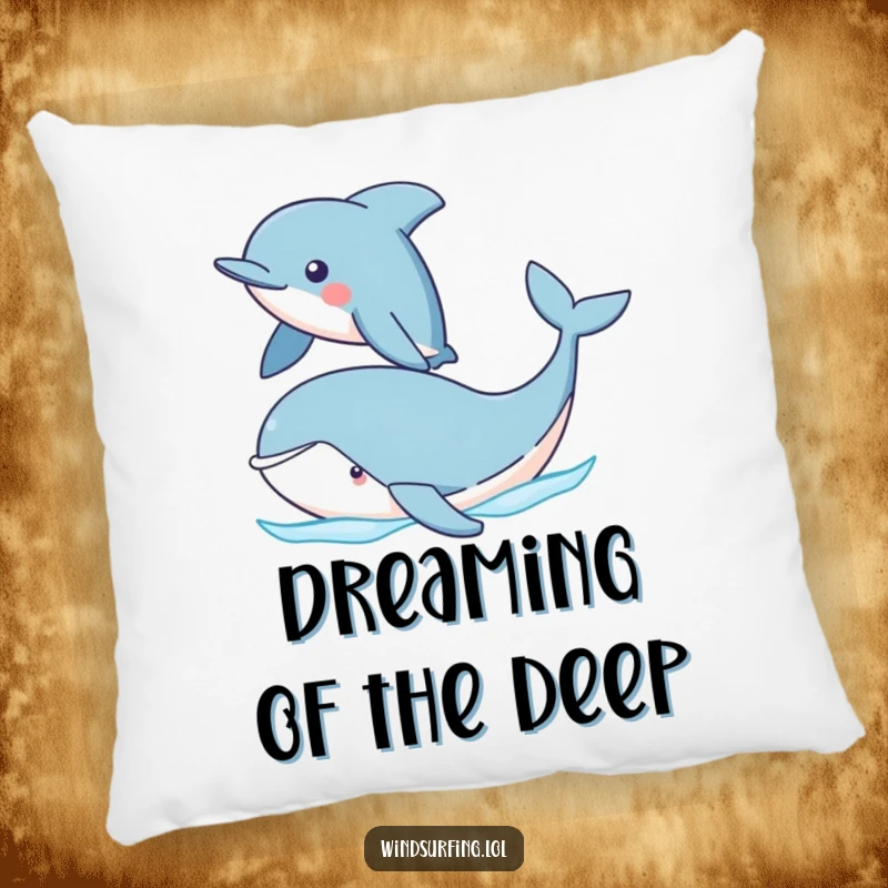 Funny Dolphin and Whale Pillow featuring a proud dolphin sailing past a cute whale. A soft and humorous decorative accent for ocean enthusiasts.