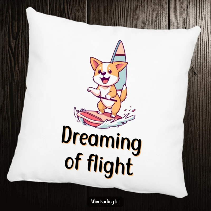 Funny Pillow: A happy dog catching air while windsurfing, offering comfort and a dose of canine fun.