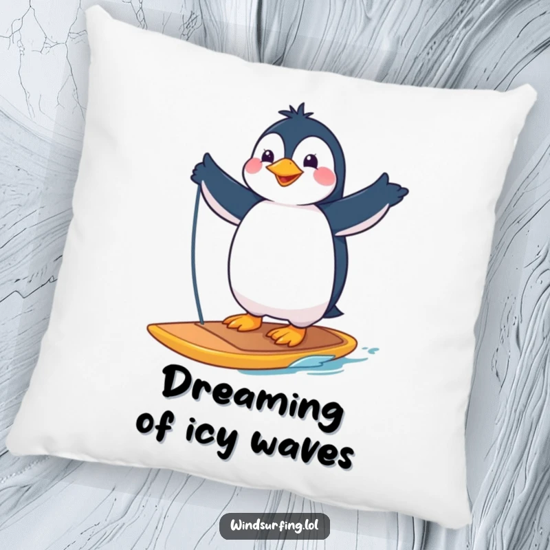 Funny pillow with a proud penguin striking a pose on a windsurfing board, designed for comfort and humorous relaxation.