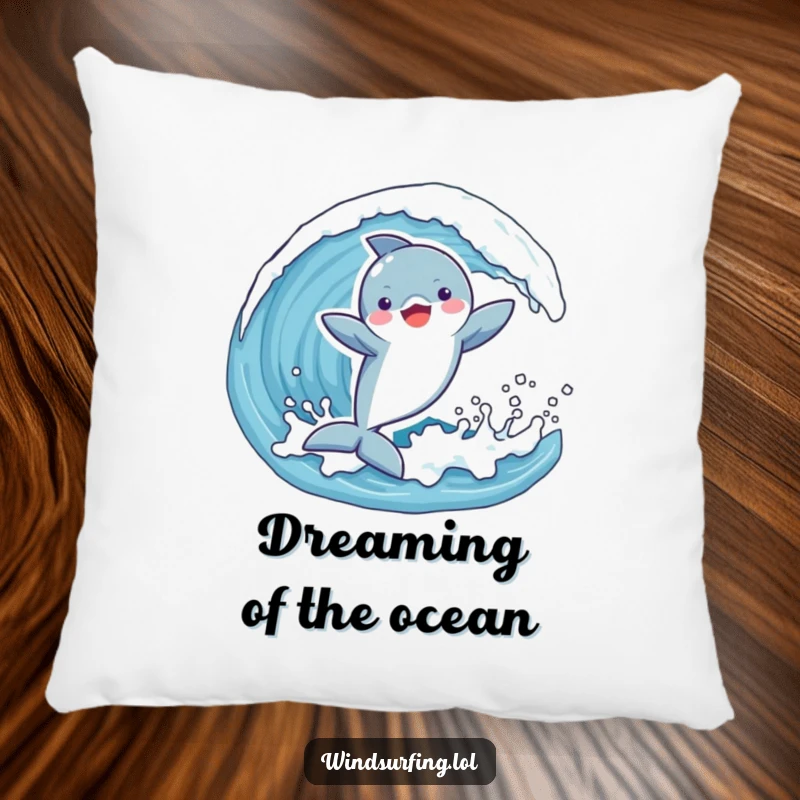 Funny pillow depicting a playful dolphin joyfully catching a wave with arms outstretched, offering comfort and a dose of ocean charm.