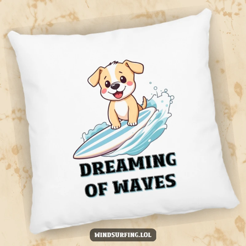 Funny puppy surfing with a cheerful wave, depicted on a soft pillow, offering cozy humor and adorable dog-themed decor.