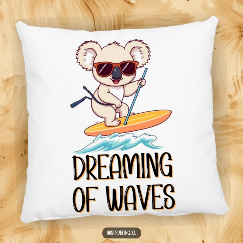 Funny koala with sunglasses, balancing on a windsurfing board, a soft and humorous pillow.