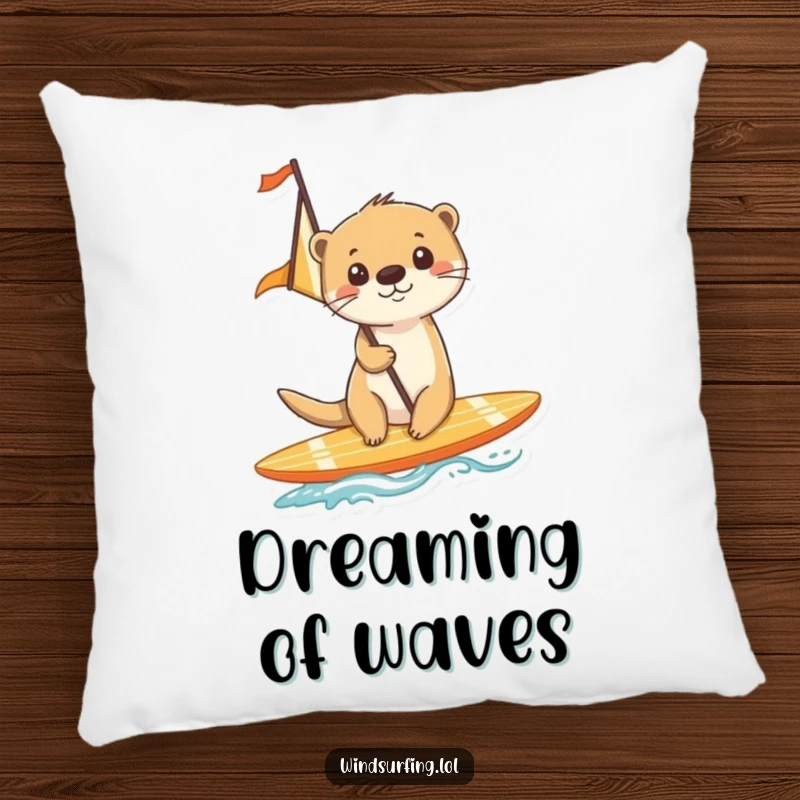 Funny pillow showing a cheerful otter surfing on a board with a sail, embodying a carefree spirit.