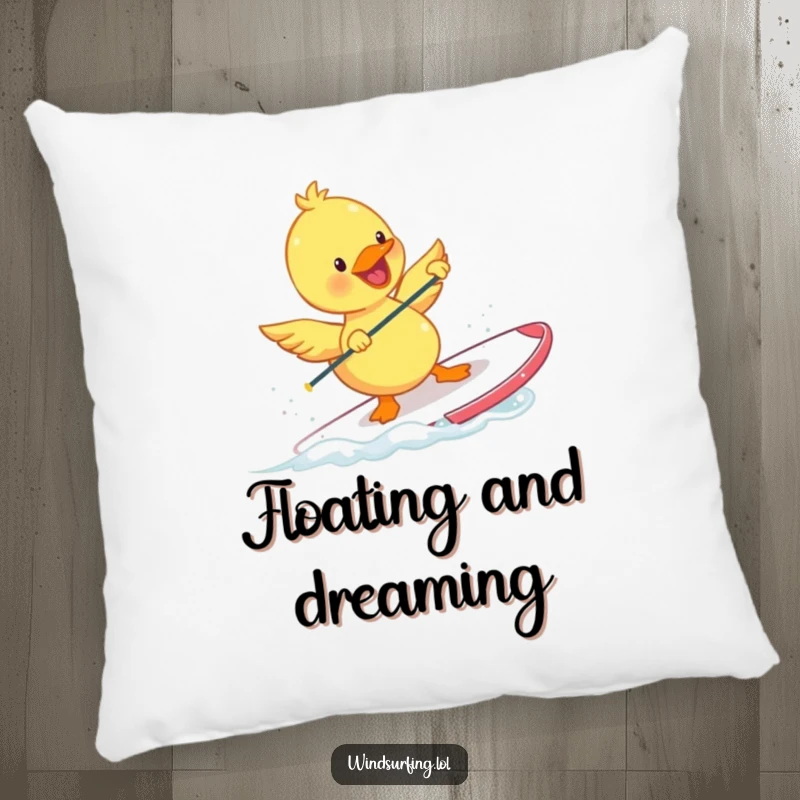 Funny Duckling Pillow featuring a happy duckling windsurfing with tiny flapping wings. A comfortable and humorous decorative accent for beach lovers.