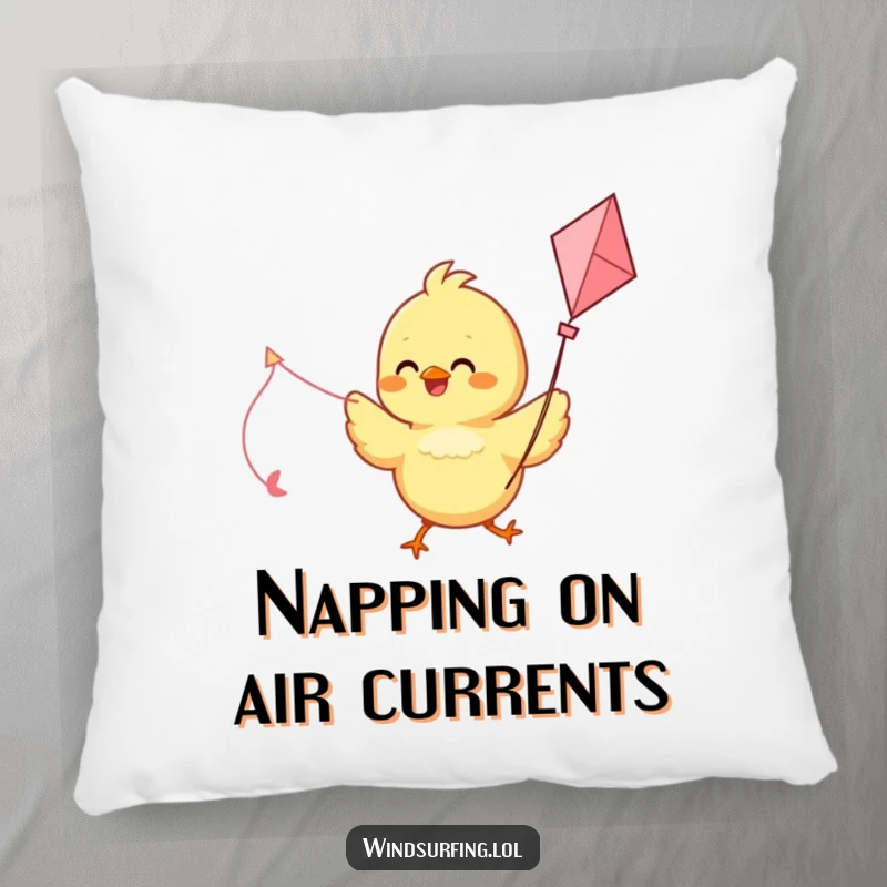 Funny pillow designed with a delighted chick using a kite as a sail, offering comfort and cheerful humor.