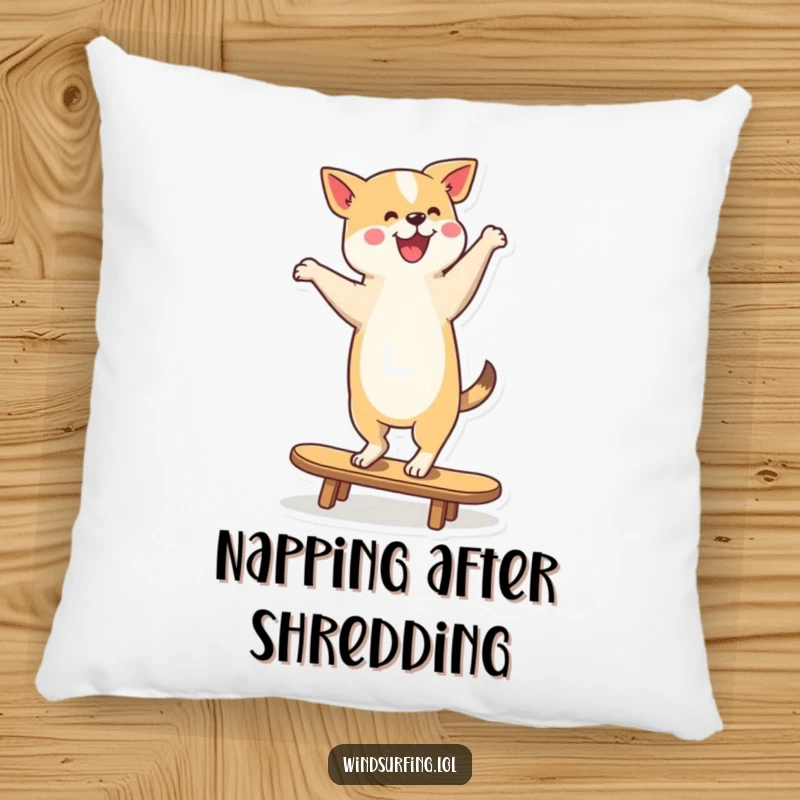 Funny Pillow featuring a dog balancing on a surfboard, embodying comfort and playful canine energy for a cozy atmosphere.