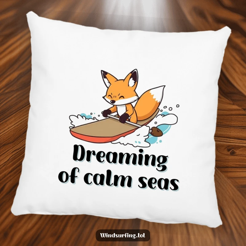Funny Pillow featuring a determined fox steering a board through choppy water, offering comfort and a touch of cleverness.