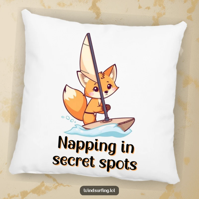 Funny Pillow: A curious fox peeks from behind a windsurfing sail, adding a touch of whimsical humor and intrigue to decor.