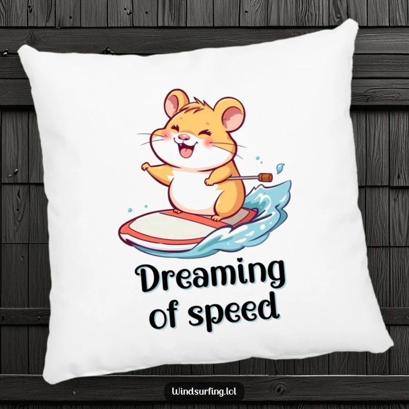 Funny pillow with a cheerful hamster grinning while skillfully steering a windsurf board, ready for a cozy nap.