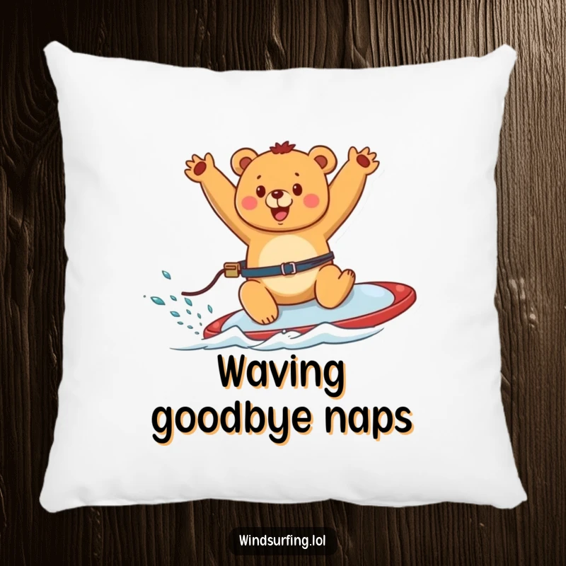 Funny pillow depicting a happy bear windsurfing with arms waving joyfully, offering comfort and a dose of pure fun.
