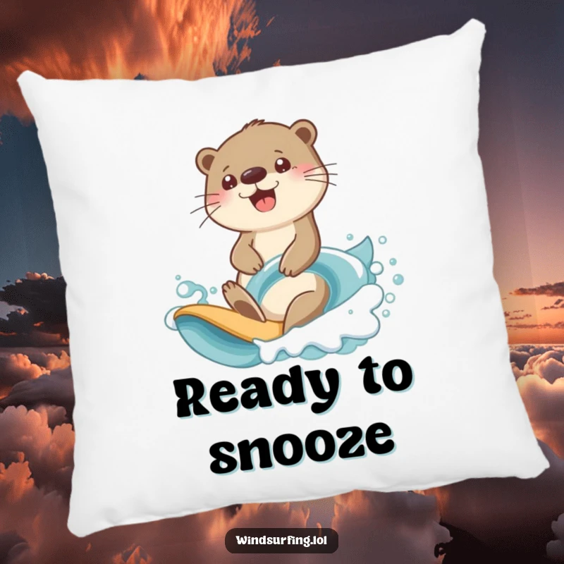 Funny otter wave rider pillow showing a cheerful otter with a determined look riding a big ocean wave.