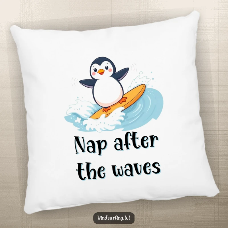 Soft and comfortable pillow featuring a funny penguin windsurfing on a choppy wave, adding coastal charm.