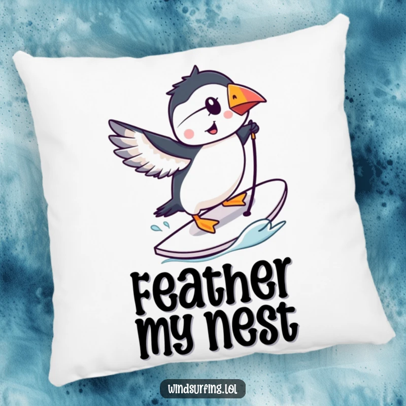 Funny smiling puffin on a windsurfing board, cartoon pillow design, cozy and humorous bird theme.