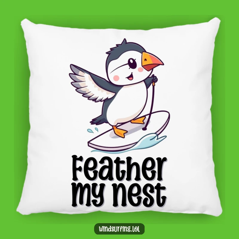 Funny Puffin Windsurfing Pillow - Cozy Comfort with Birdy Tricks