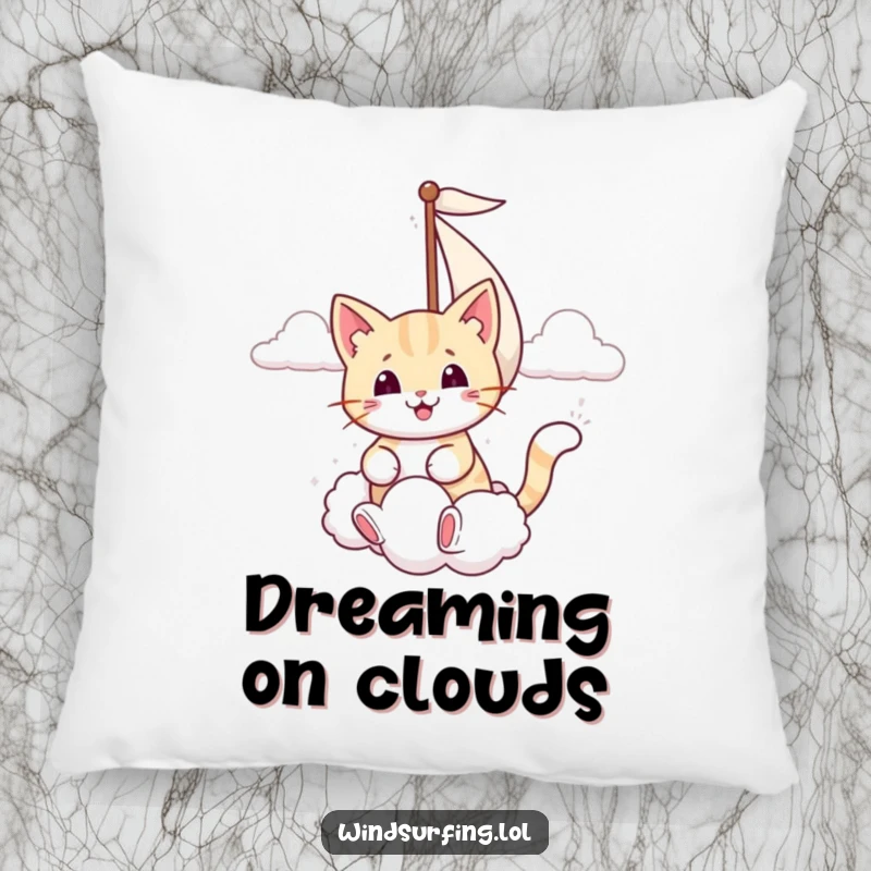 Funny pillow depicting a smiling cat sailing with its sail, catching a puffy cloud, offering soft comfort.