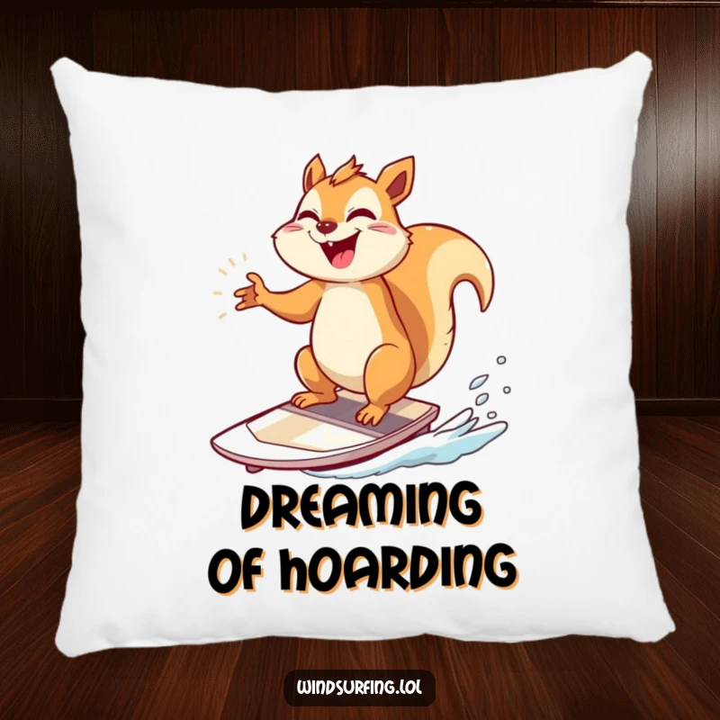 Funny Pillow: A squirrel poses triumphantly on a windsurfing board, offering funny, plush comfort and victory.