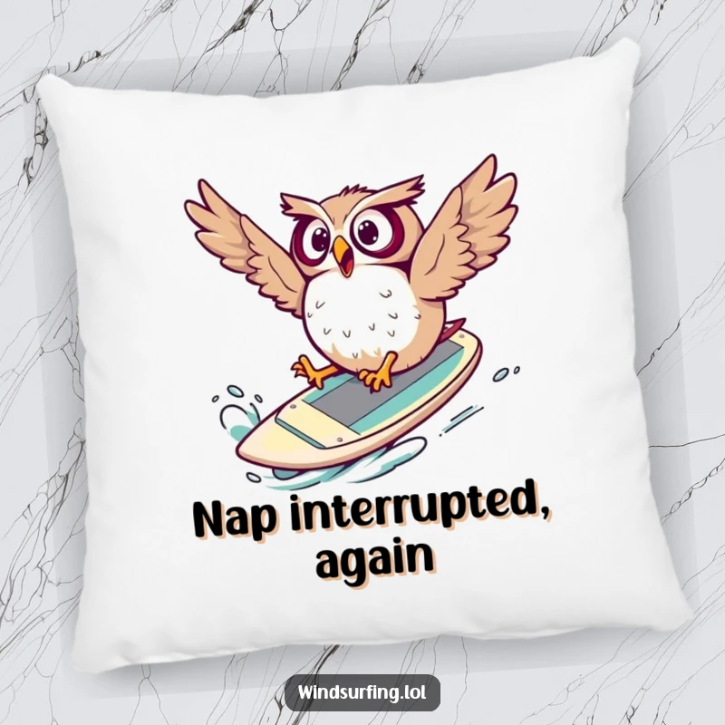 Funny Pillow featuring a surprised owl tumbling comically off a windsurf board, offering soft comfort and a good laugh.