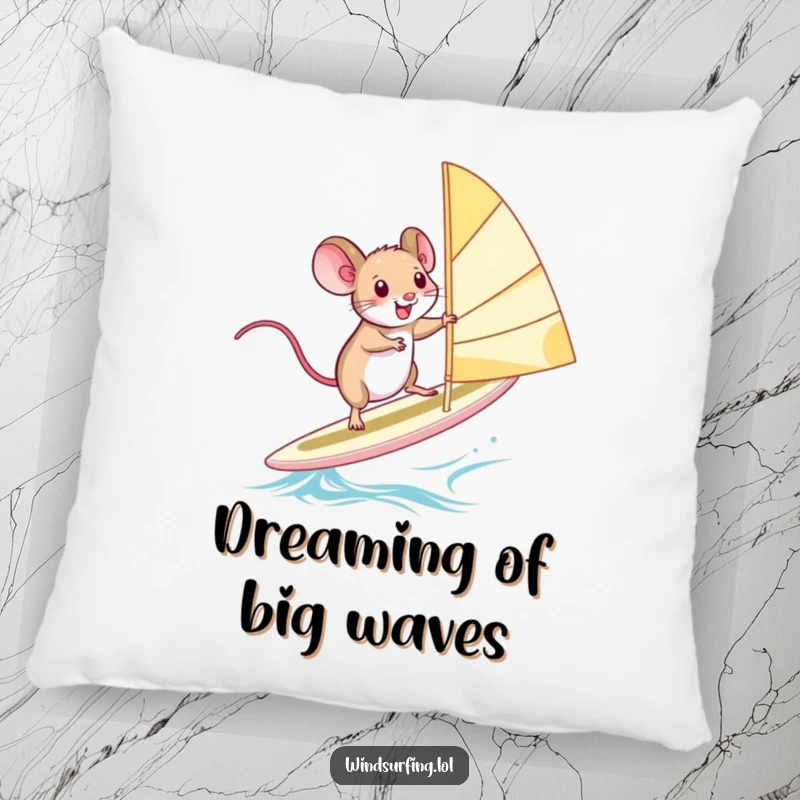 Funny Pillow: A squealing mouse balances precariously on a windsurfing board, adding a touch of humorous adventure to decor.