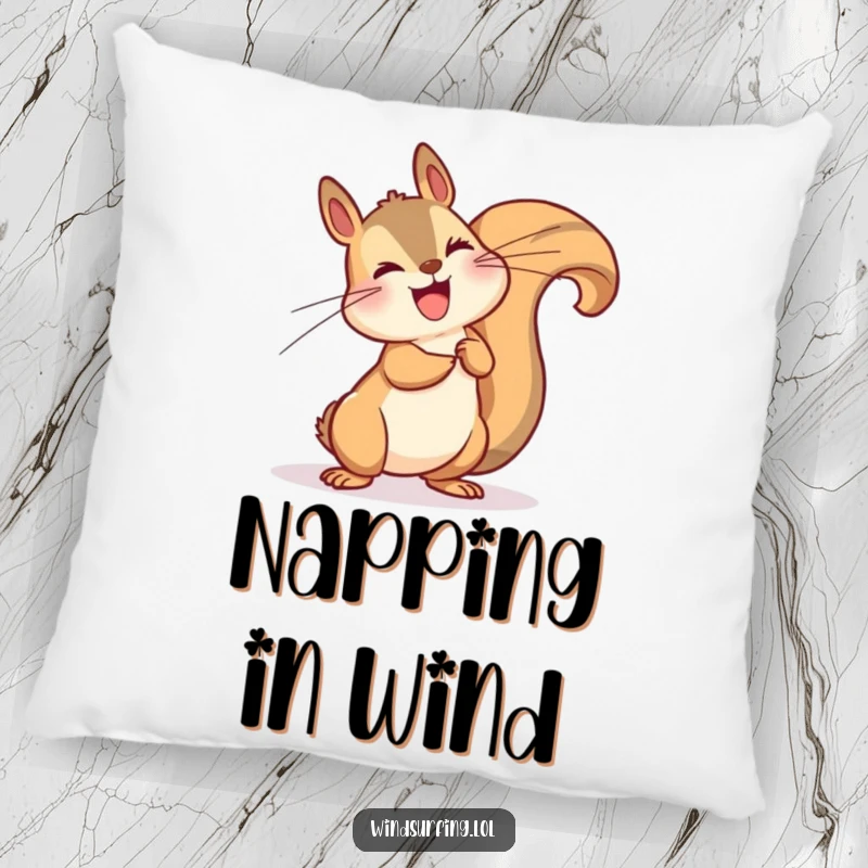 Funny pillow showcasing a happy squirrel dramatically leaning into a gust of wind, adding comfort and whimsical humor.