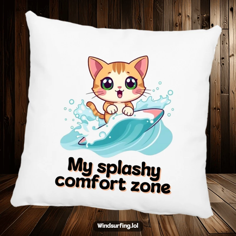 Funny Pillow: A surprised cat windsurfing, offering comfort and a comical splash, an adorable funny gift.