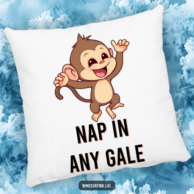 Funny pillow depicting a mischievous monkey playfully leaning into a strong gust of wind, offering comfort and humor.