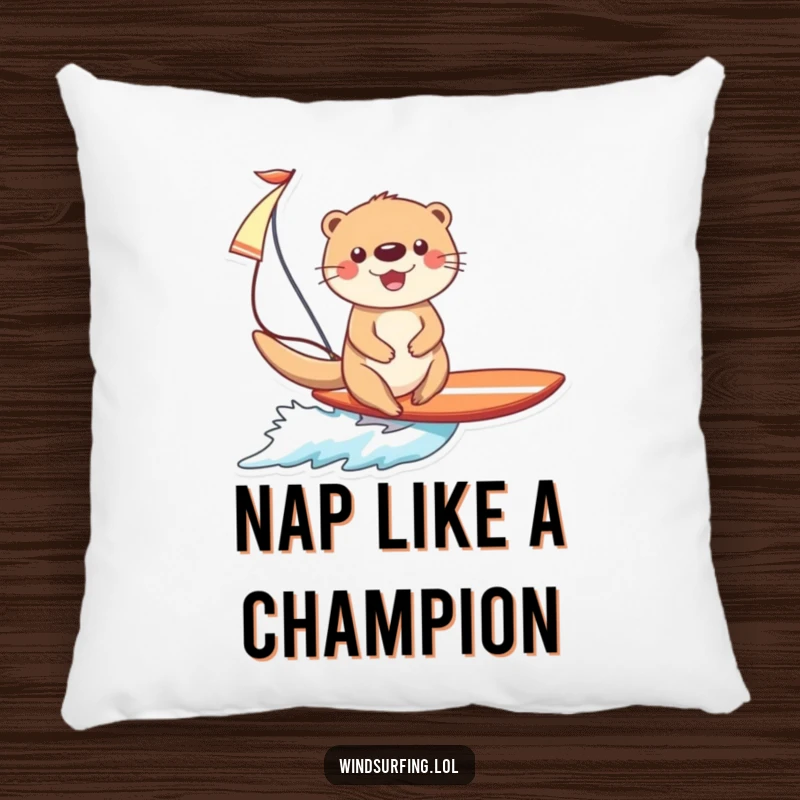 Funny Otter Surfing Pillow: A happy otter on a surfboard with a sail, a cozy addition for ultimate relaxation.
