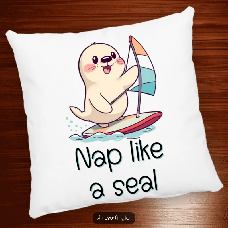 Funny seal comically losing its balance on a windsurfing board, adding humor to a soft and funny pillow.