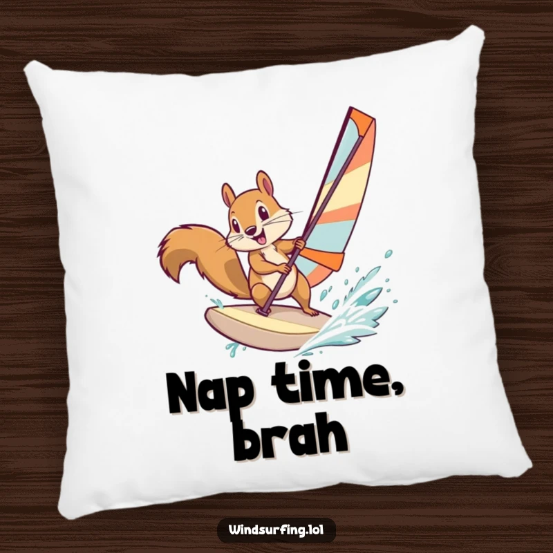 Funny squirrel windsurfing with style, depicted on a soft pillow, bringing athletic humor and comfort to any seating area.
