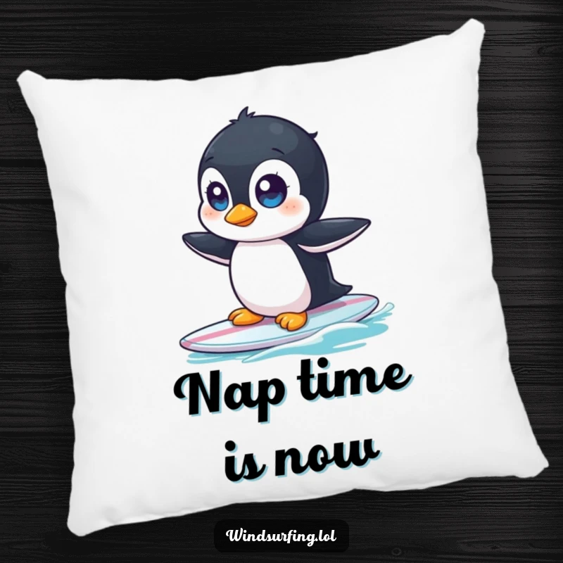 Funny pillow showcasing a curious penguin with wide eyes, comically wobbling on a surfboard, ready for a nap.