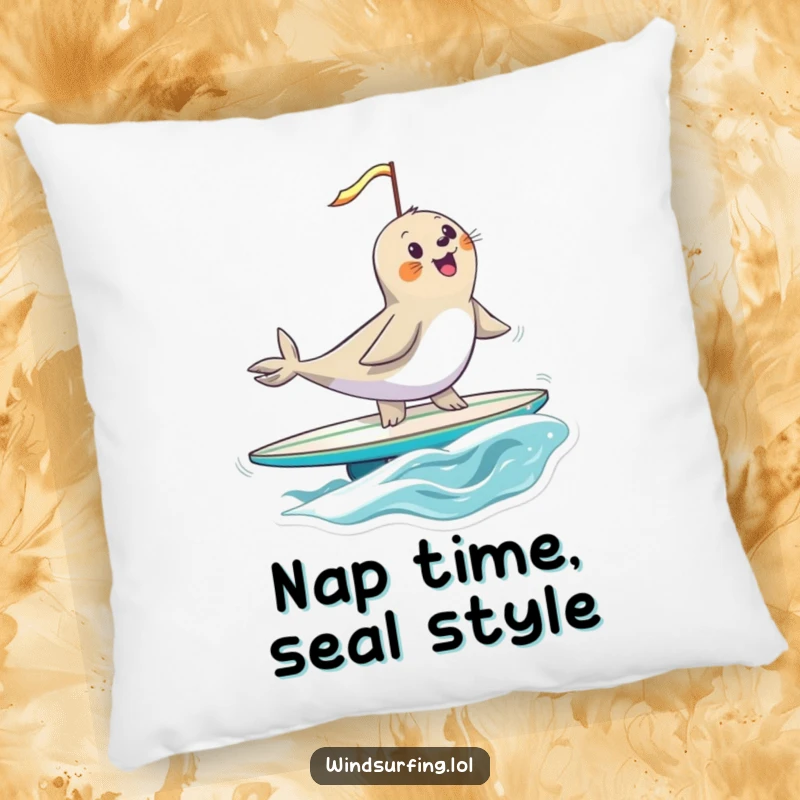 Funny seal in a precarious yet joyful balancing act on a surfboard, sail catching wind, soft pillow design for ultimate humorous comfort.
