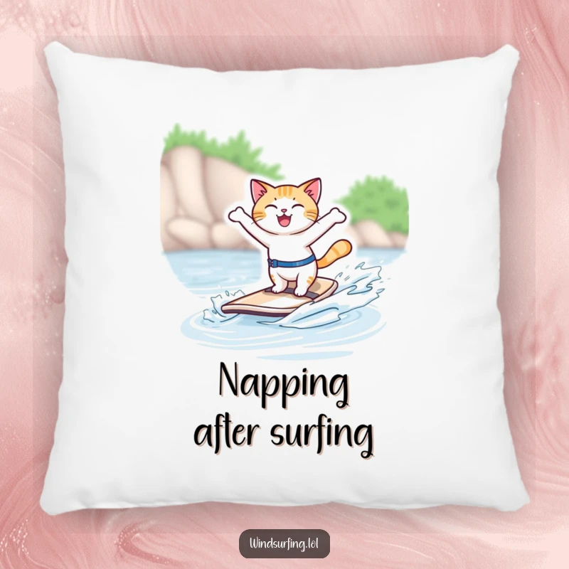 Funny pillow with a joyful cat windsurfing gracefully, adding comfort and a touch of feline humor.