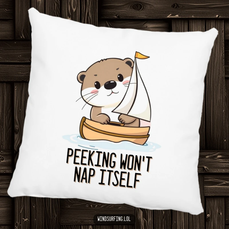 Funny otter peeking from a small sailboat, depicted on a plush pillow for a comfortable and humorous home accent.