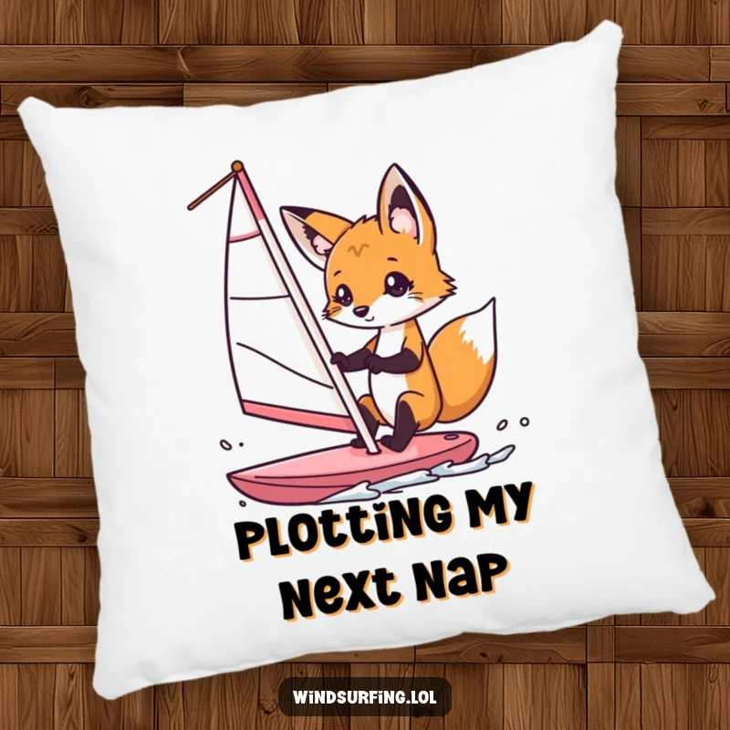 Funny fox windsurfer pillow, a curious fox playfully steering a windsurf sail, offering comfort and a touch of humorous adventure to any setting.