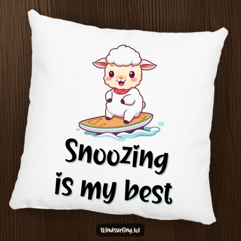 Funny cheerful sheep sailing on a small board on a soft pillow, offering cozy comfort and gentle humor.