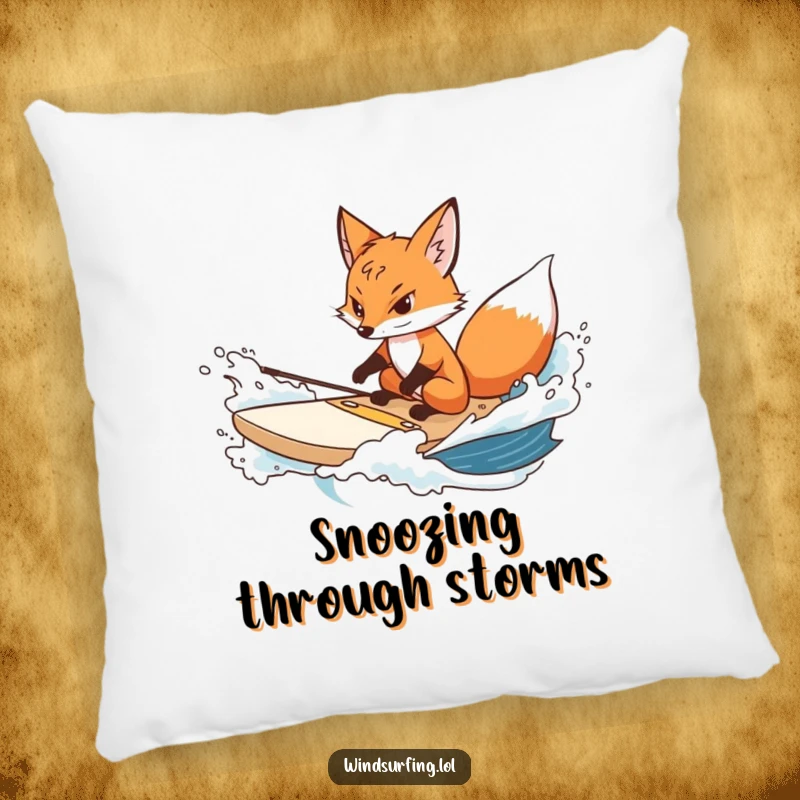 Funny fox pillow featuring a determined fox steering a surfboard through choppy water, bringing resilience and comfort.