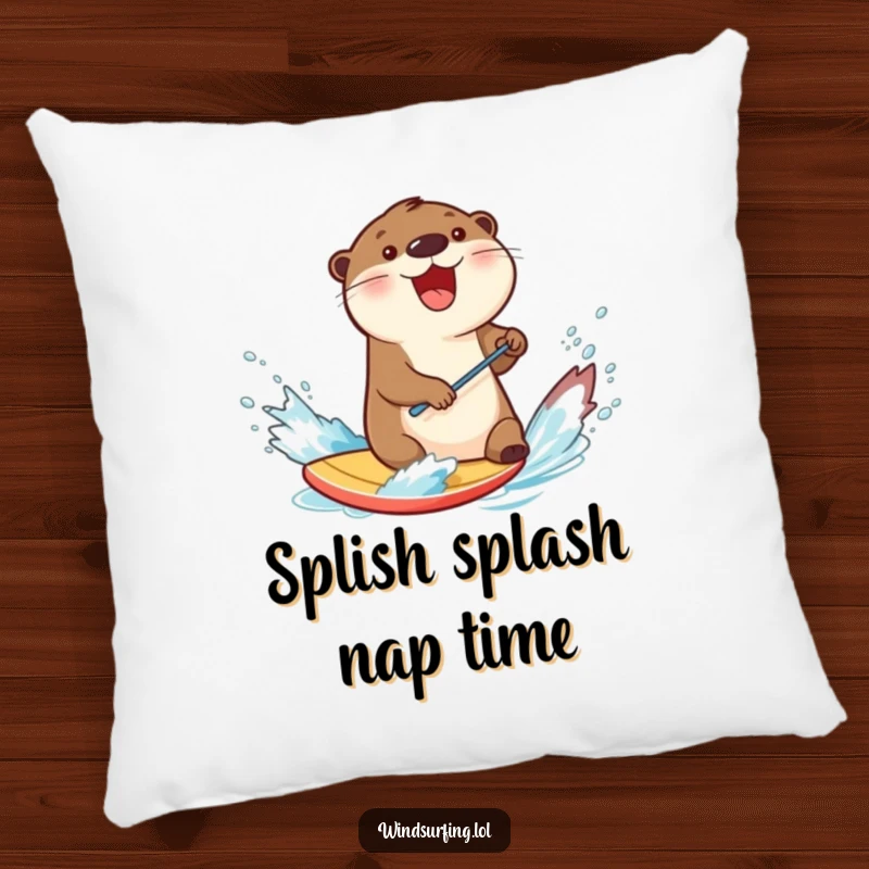 Funny otter splashing water while windsurfing on a board, depicted on a soft pillow for humorous comfort and playful decor.