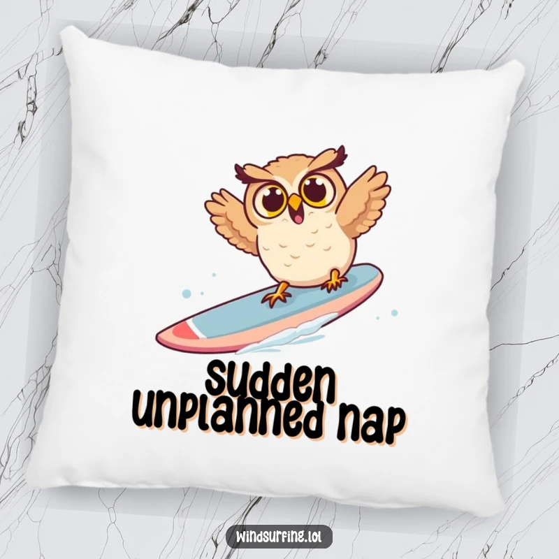 Funny owl pillow depicting a surprised owl mid-tumble from a windsurf board, bringing comfort and humor to your home.