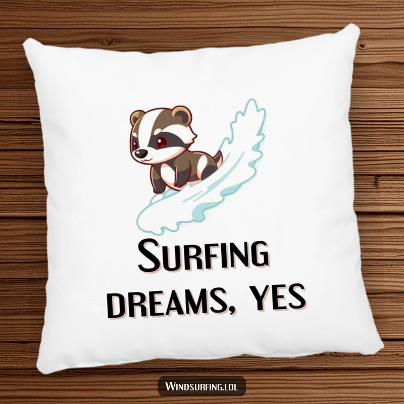 Funny badger pillow featuring a brave badger smoothly surfing a wave, adding a cool and comfortable touch to any space.