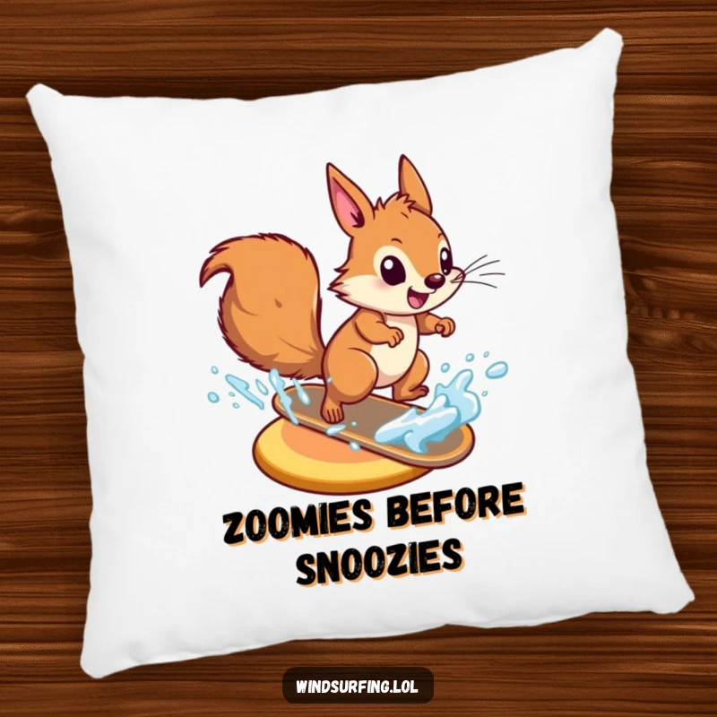 Funny energetic squirrel zooming on a board across water, depicted on a soft pillow for comfortable and humorous decor.