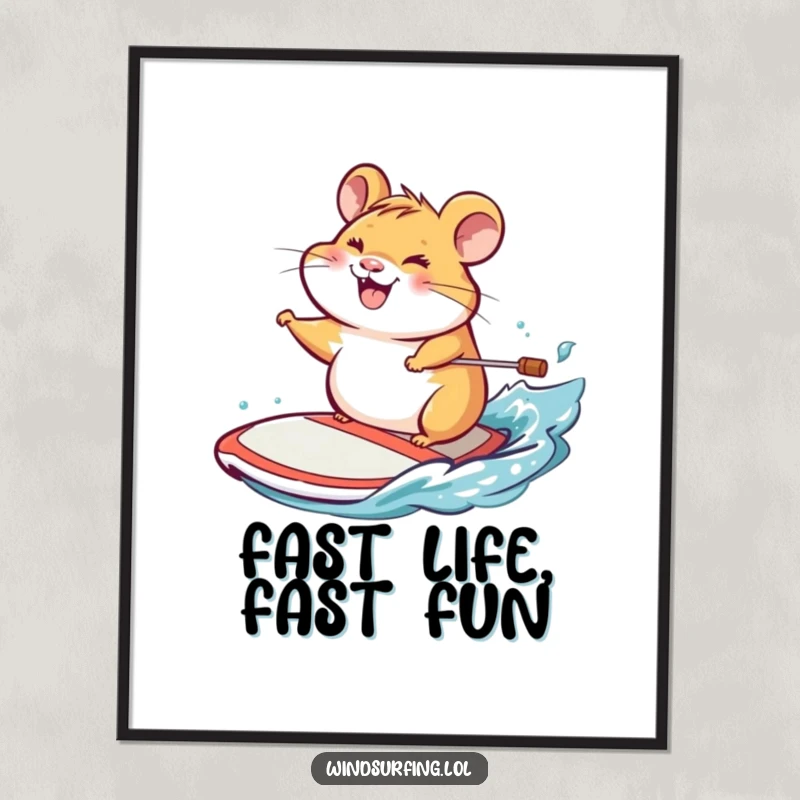 Funny digital art print of a cheerful hamster grinning widely while expertly steering a windsurf board on water.