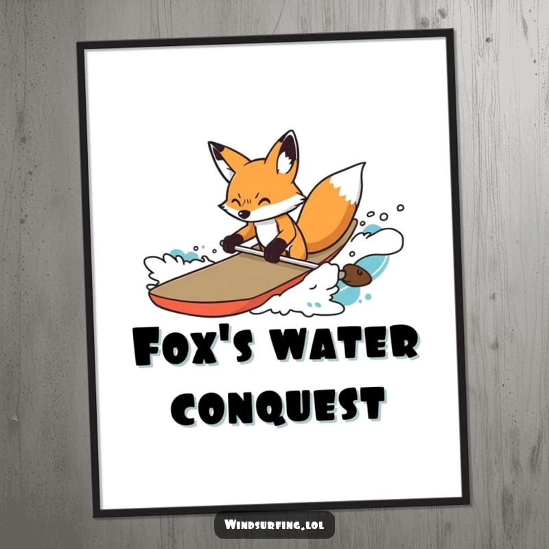 Funny Digital Art Print of a determined fox skillfully steering a board through choppy water, perfect for inspiring focused decor.