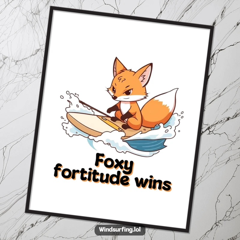 Funny fox digital art print of a determined fox steering a surfboard through choppy water, perfect for motivational decor.