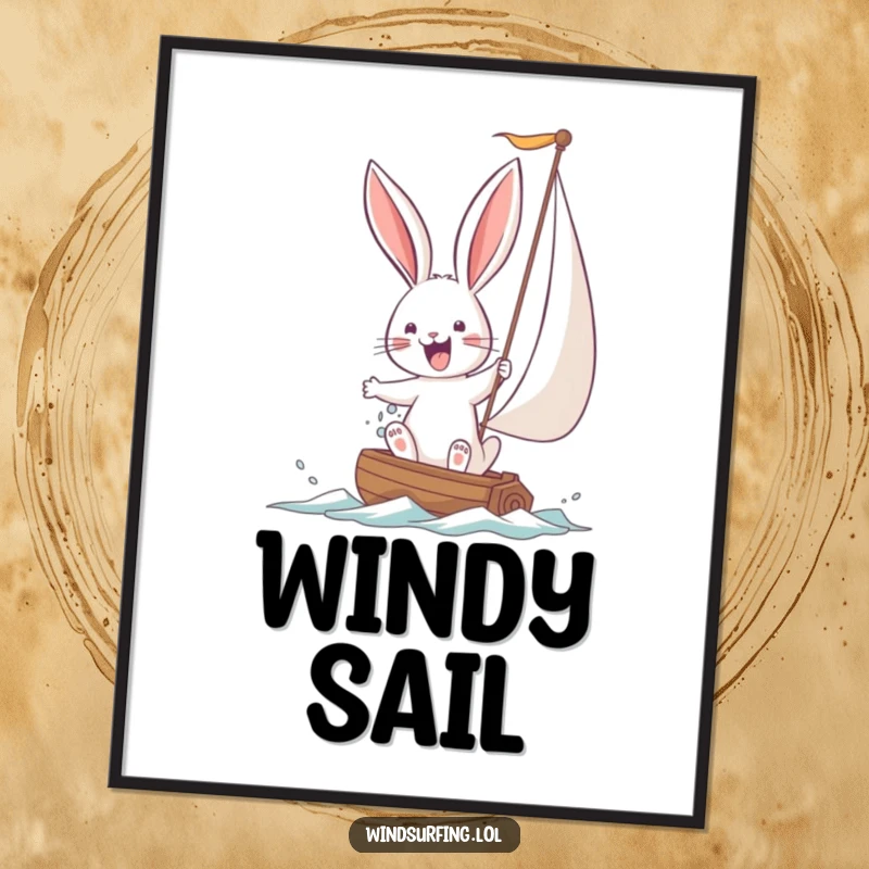 Funny Bunny Digital Art showing a joyful bunny hilariously struggling with a large sail. Instant printable wall art for a motivational space.