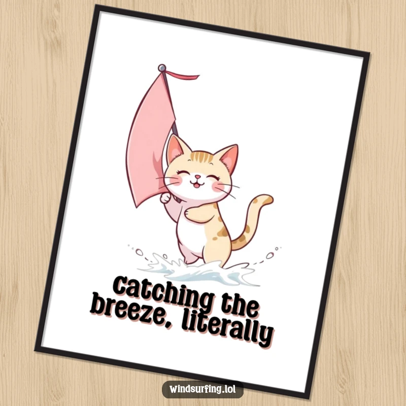 Funny digital art print of a cat joyfully sailing with a sail catching wind, capturing a whimsical and adventurous mood.