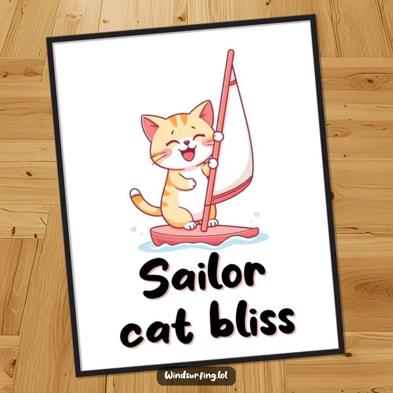 Funny digital art print of a cheerful cat windsurfing, ready for instant download and display.